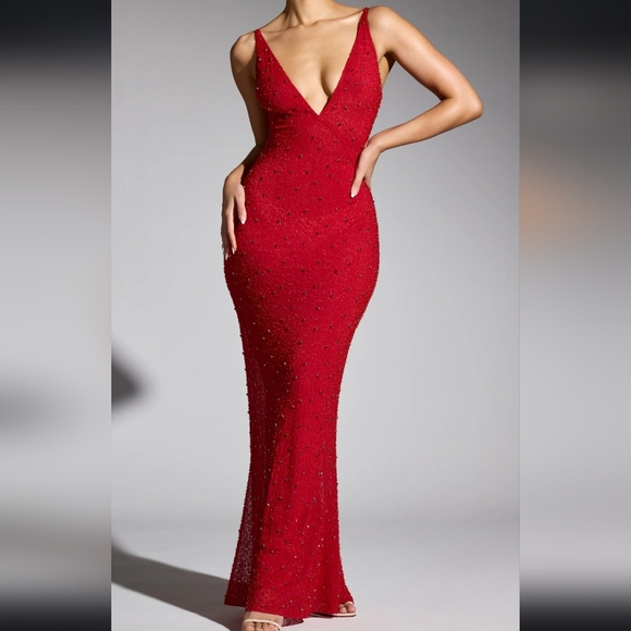 NEW With Tags Oh Polly Colmar Embellished Plunge Neck Evening Gown Size 6 - Picture 6 of 10